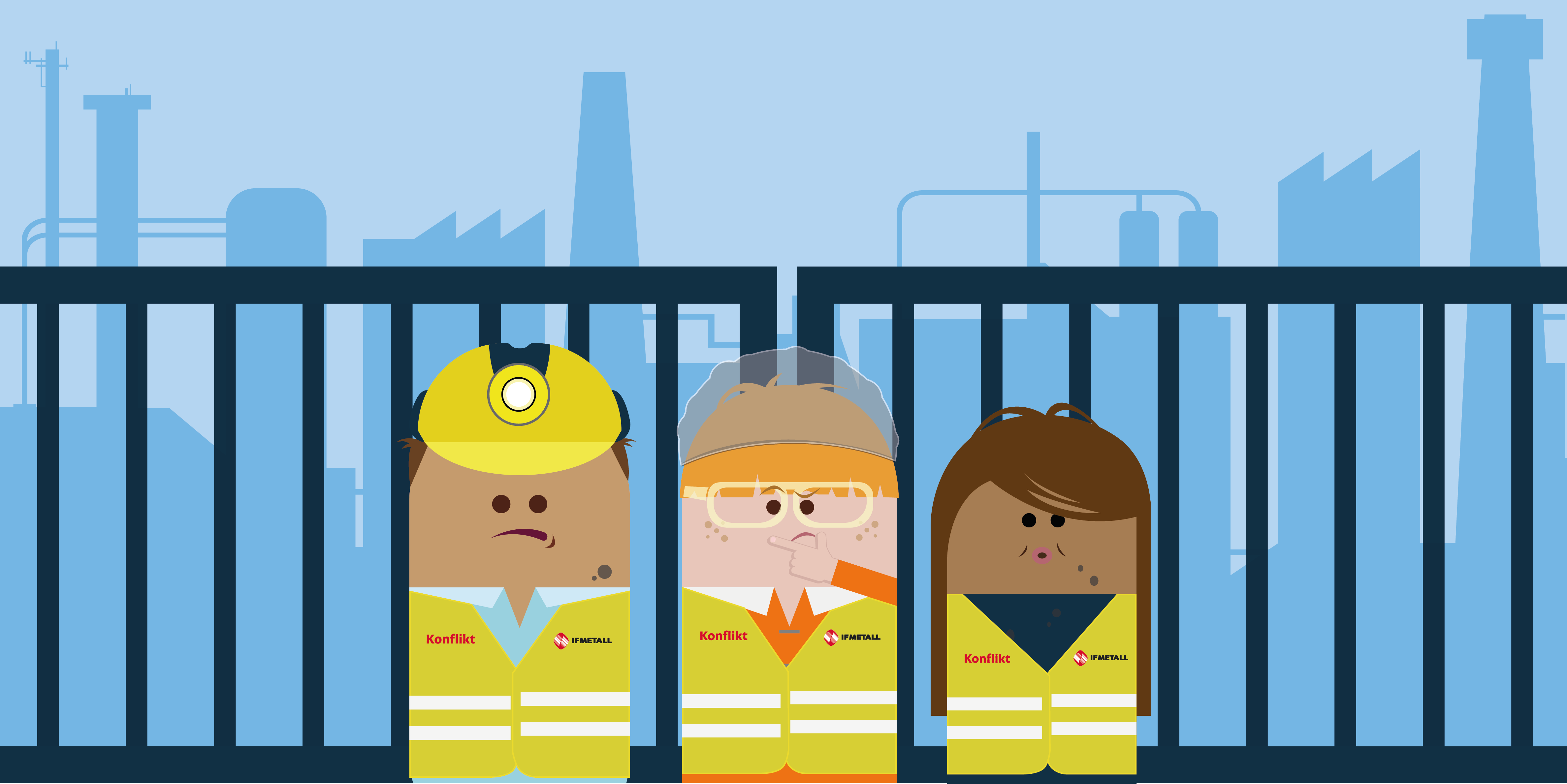 Tre tecknade gubbar med varselvästar och som agerar strejkvakter. På varselvästarna syns IF Metalls logotyp och texten "Konflikt".