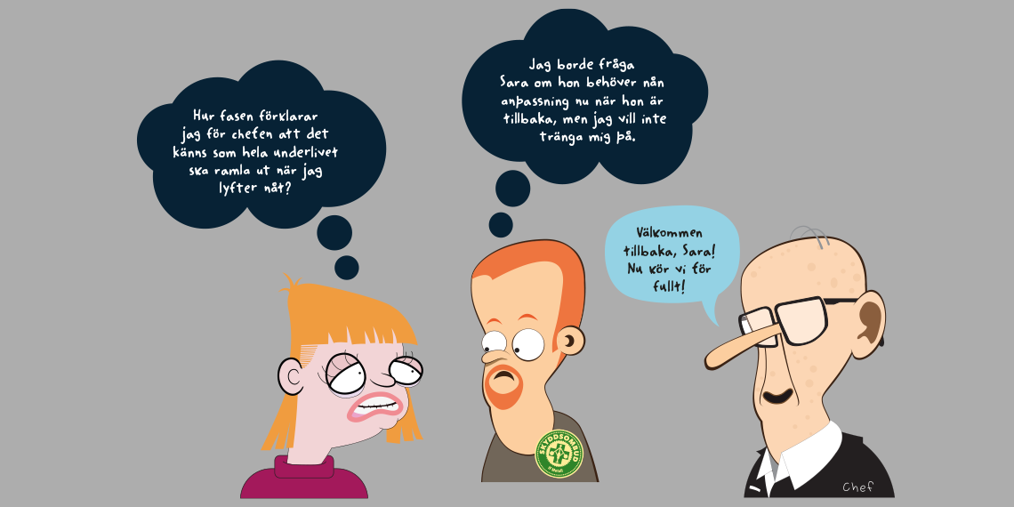 Illustration, En kvinna tänker: Hur fasen förklarar jag för chefen att det känns som hela underlivet ska ramla ut när jag lyfter något ? Ett skyddsombud tänker: Jag borde fråga Sara om hon behöver någon anpassning nu när hon är tillbaka, men jag vill inte tränga mig på. Chefen säger: Välkommen tillbaka, Sara. Nu kör vi för fullt!