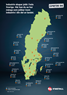 Svenska kartan med pins utsatta för varje län, och antalet sysselsatta inom industrin i varje län, samt procentandel som industrin utgör av näringslivet totalt.