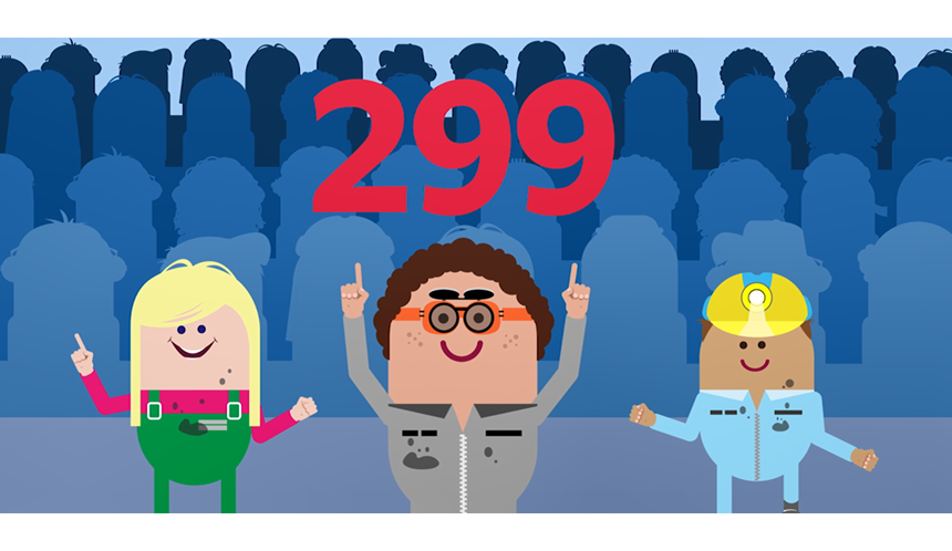 En illustrerad bild med tre personer som står framför ett hav av människor. På bilden står även siffran 299. 