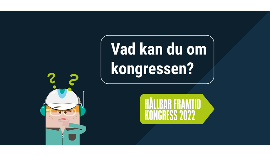 Illustration med en figur som ser funderande ut och ovanför hens huvud syns två frågetecken. På bilden står: Vad kan du om kongressen? På bilden finns också en tonplatta i form av en pil. På pilen står Hållbar framtid, kongress 2022
