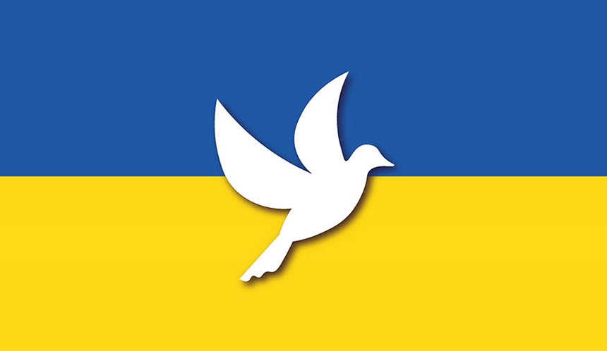 En duva framför Ukrainas färger