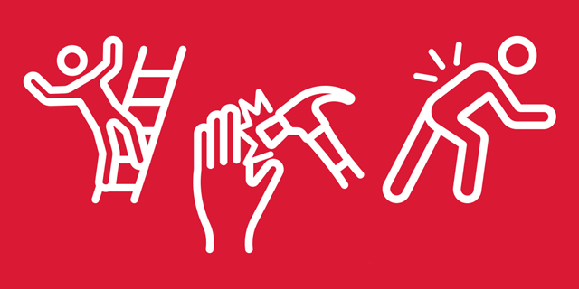 Grafiska illustrationer av fallskada, skada genom slag och belastningsskada. Vita figurer mot röd bakgrund.