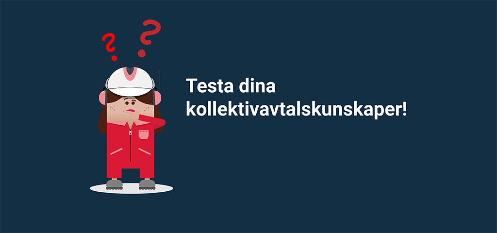 Bilden visar en illustrerad gubbe/gumma med frågetecken över huvudet. Bredvid figuren står texten "Testa dina kollektivavtalskunskaper".