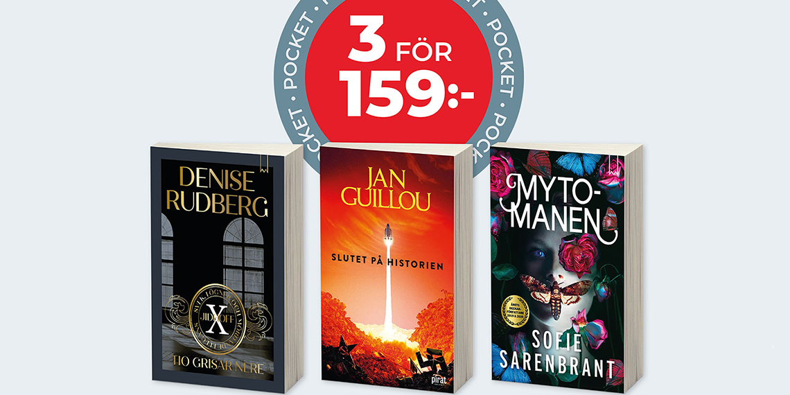 Bild på tre pocketböcker, på bilden står 3 för 159 kr