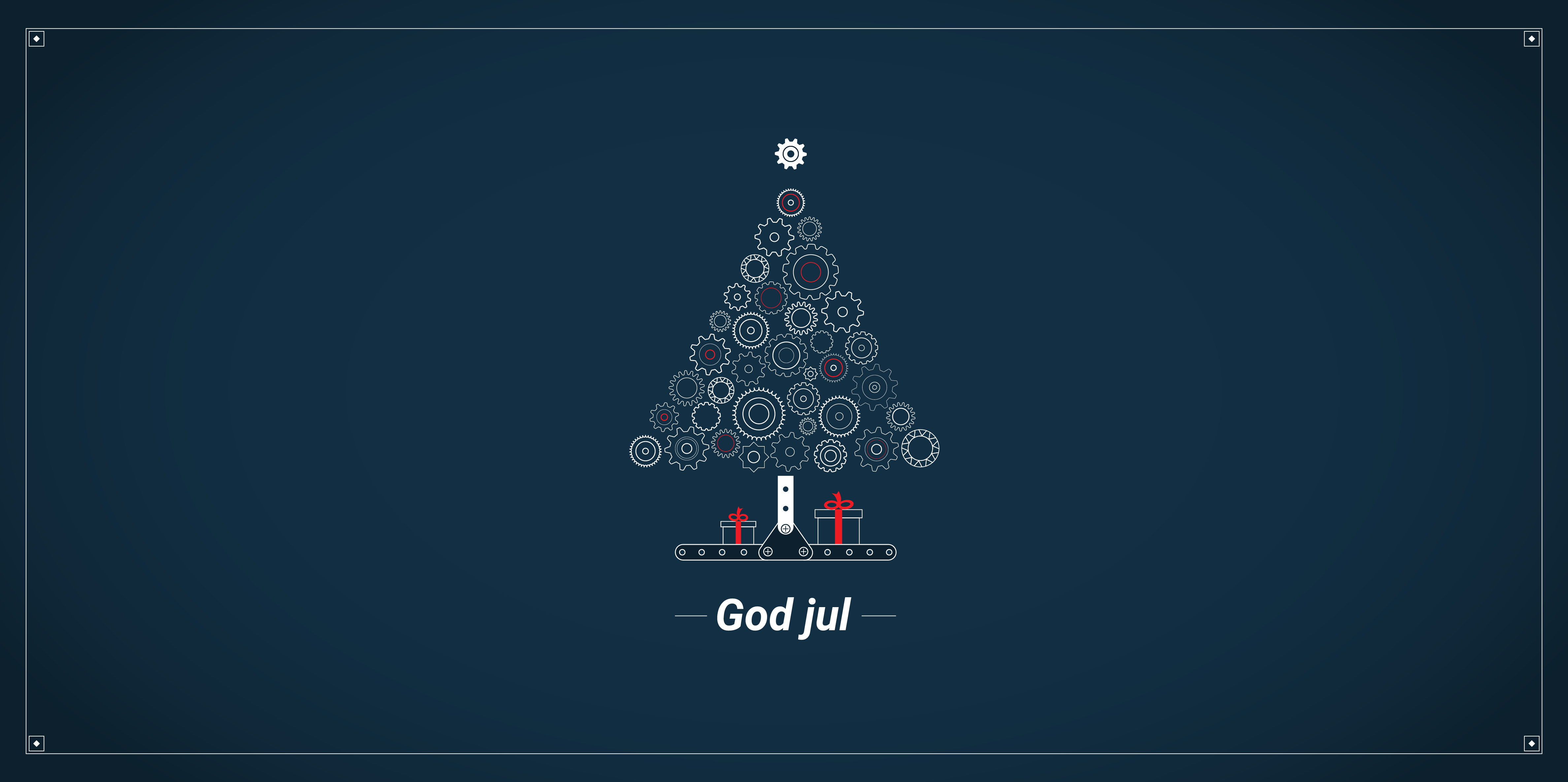 En julgran i form av olika kugghjul. På bilden står det God jul