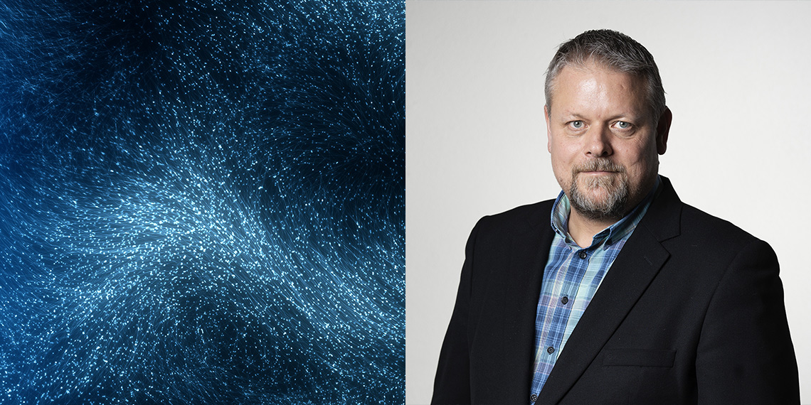 Collage: bild av nanopartiklar och porträtt av Conny Lundberg, ombudsman på IF Metall.