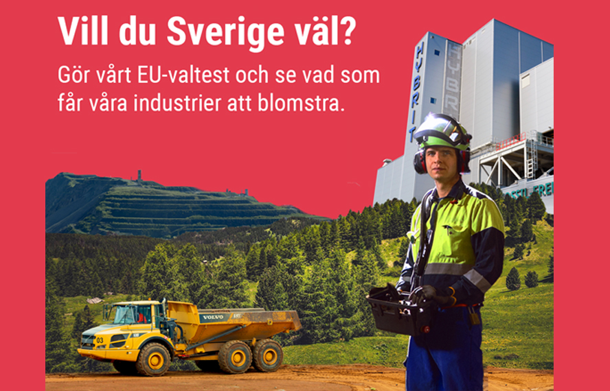 En illustration med en skog, en dumper, en industriarbetare och en fabrik. Text i bild är "Vill du Sverige väl?"