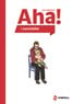 Omslaget till materialet "Aha! i samhället", tecknad bild av person som sitter på en stol med ett litet barn i knät.