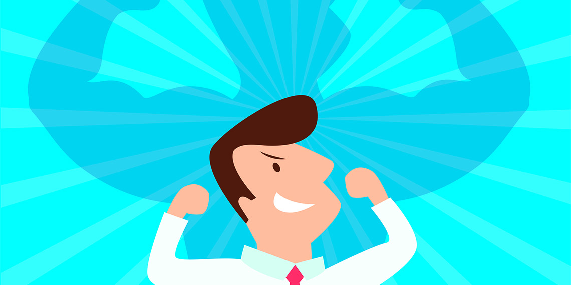 Illustration av en person som spänner sina armmuskler. På väggen bakom är en stor skugga med enorma armmuskler.