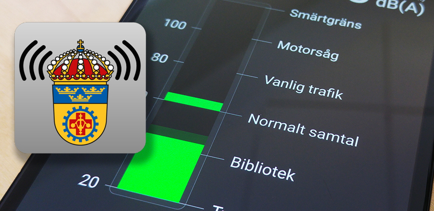 Arbetsmiljöverkets logotyp med ljudvågor intill, i bakgrunden en bild av appen igång på en mobiltelefon.