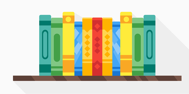 Tecknad bild av en bokhylla med böcker i olika färger.