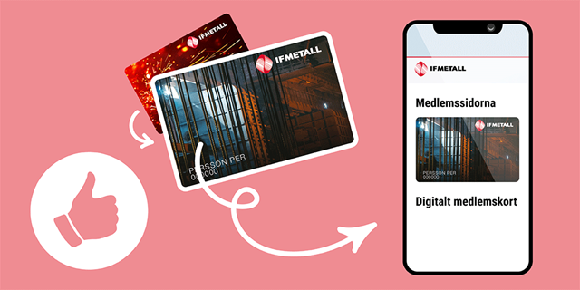 Medlemskort i IF Metall med en pil mot en mobiltelefon som visar ett digitalt medlemskort.