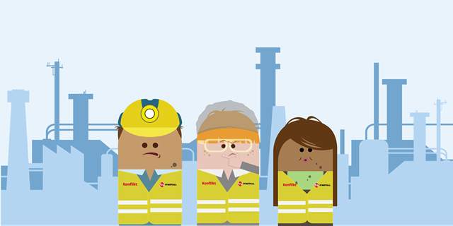 Tecknad illustration: tre figurer i gula konfliktvästar framför industribyggnad.
