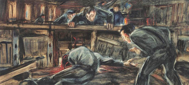 Tavlan ”Den döde smörjaren” från 1934 av Johan Ahlbäck (bilden är beskuren)