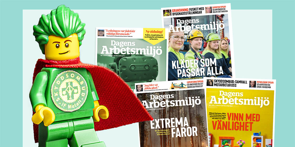 En legogubbe som har skyddsombudemblemet på sig och en mantel står framför flera nummer av Dagens arbetsmiljö