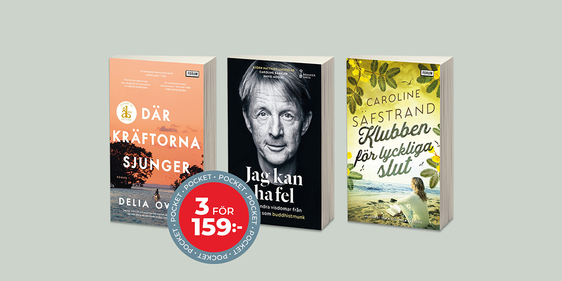 Tre pocketböcker och en skylt som anger 3 pocketböcker för 150 kronor.