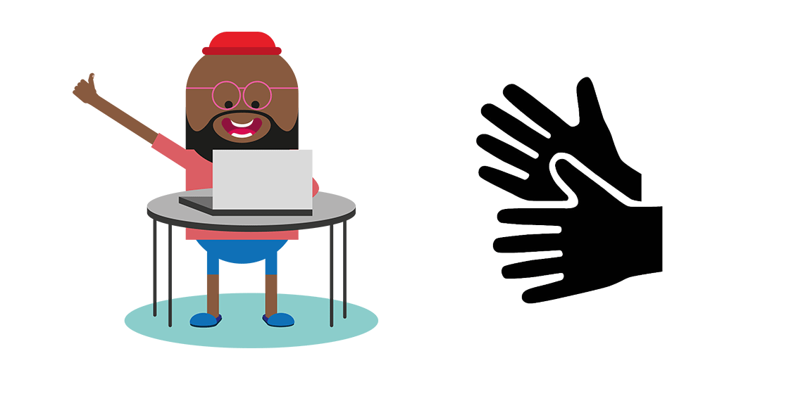 Illustration av figur framför uppfälld dator intill symbolen för teckenspråk.