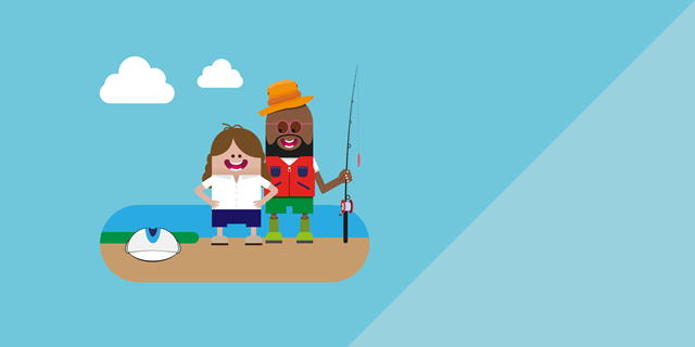 En illustration med två figurer som står på en ö. Den ena håller ett fiskespö i handen. 