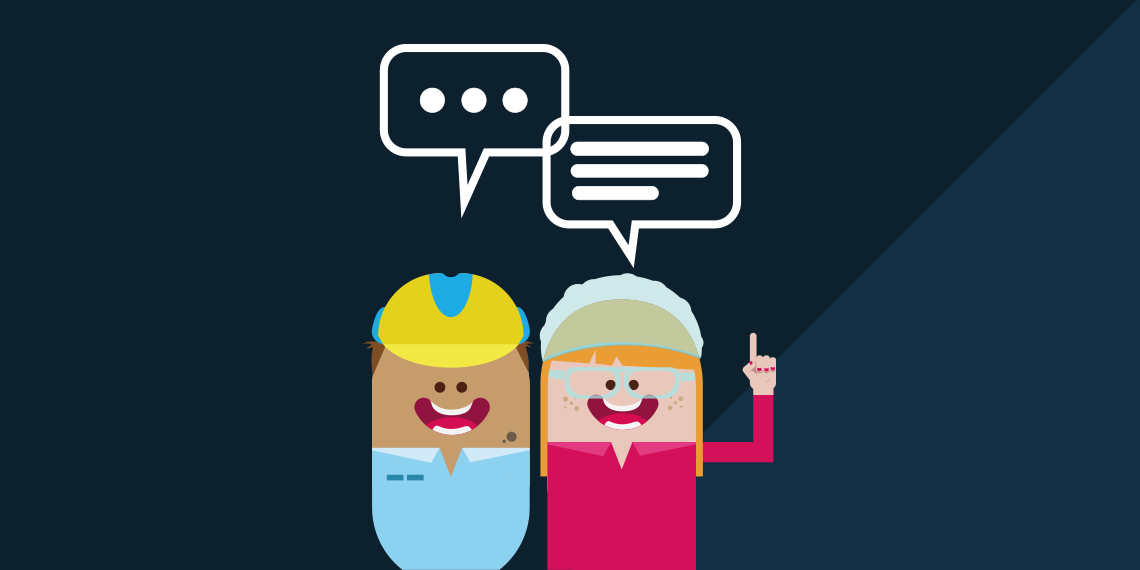 En illustration med två tecknade "gubbar". Över den ena finns en pratbubbla med tre prickar i. Över den andra en pratbubbla med tre streck i. 