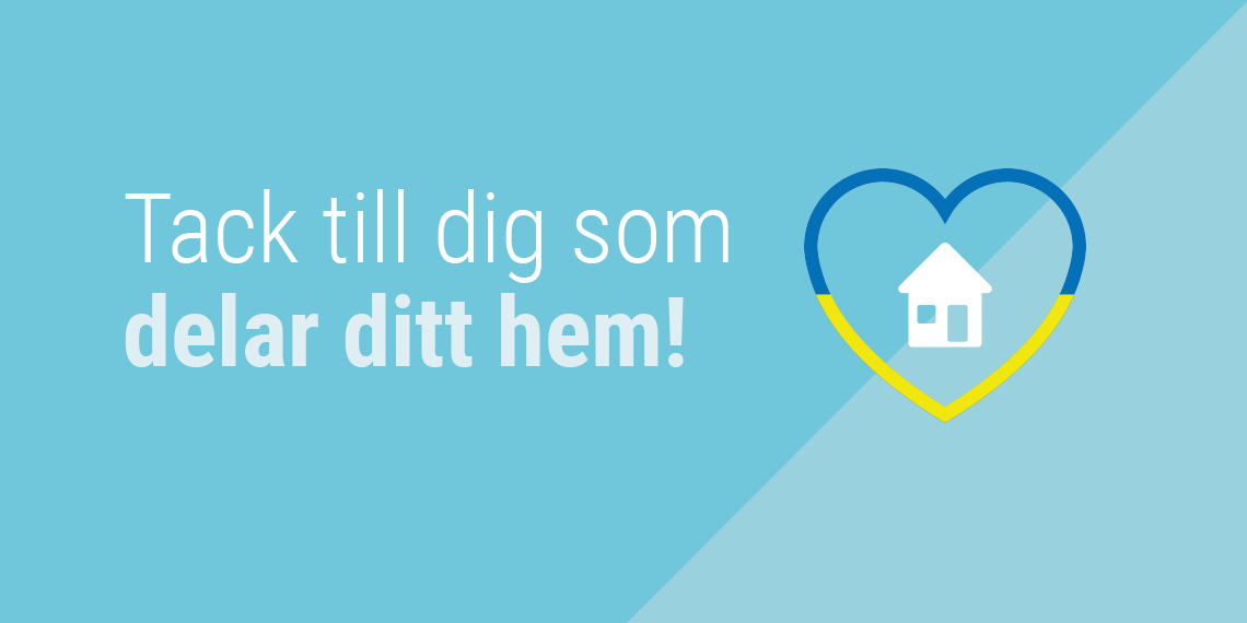 En illustration med ett hus i  ett hjärta som har ukrainas färger. På bilden står "Tack till dig som delar ditt hem"