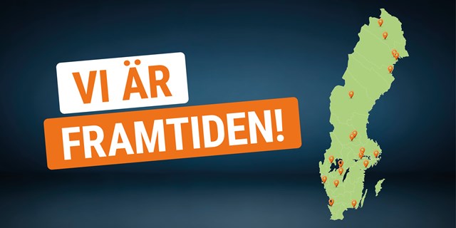 Bild på en Sverigekarta med flera destinationsmarkeringar på . På bilden står Vi är framtiden