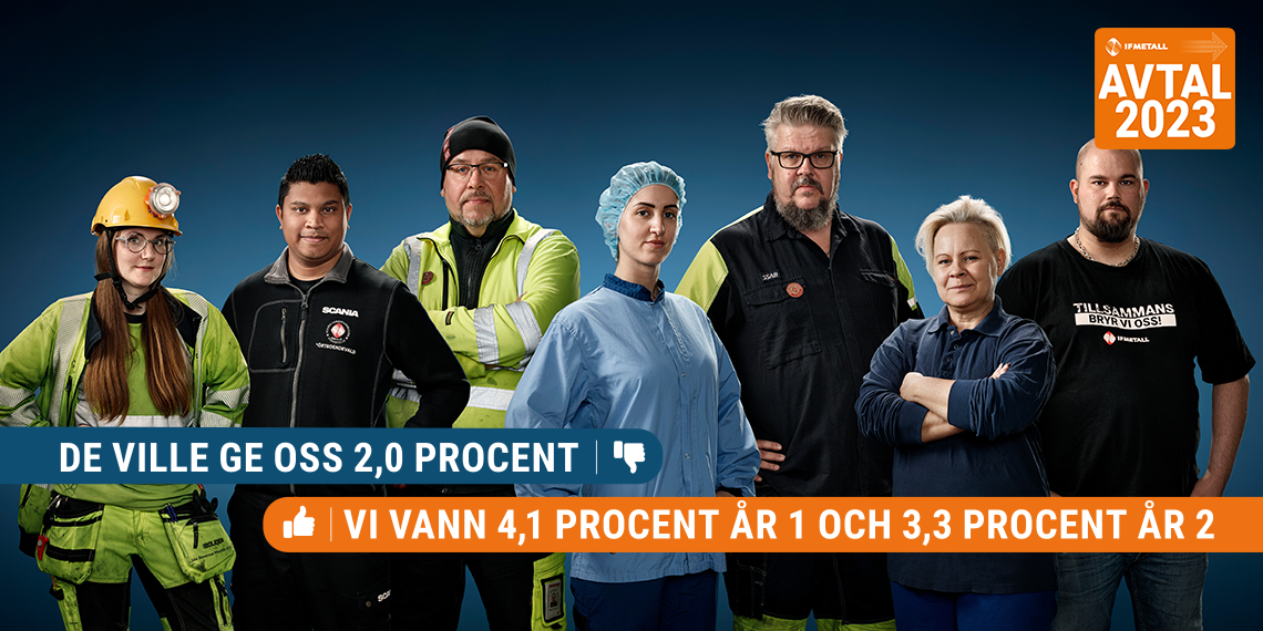 Åtta industriarbetare tittar stolt in mot kameran. På bilden står: De ville ge oss 2 procent, vi vann 4,1 procent år 1 och 3,3 procent år 2