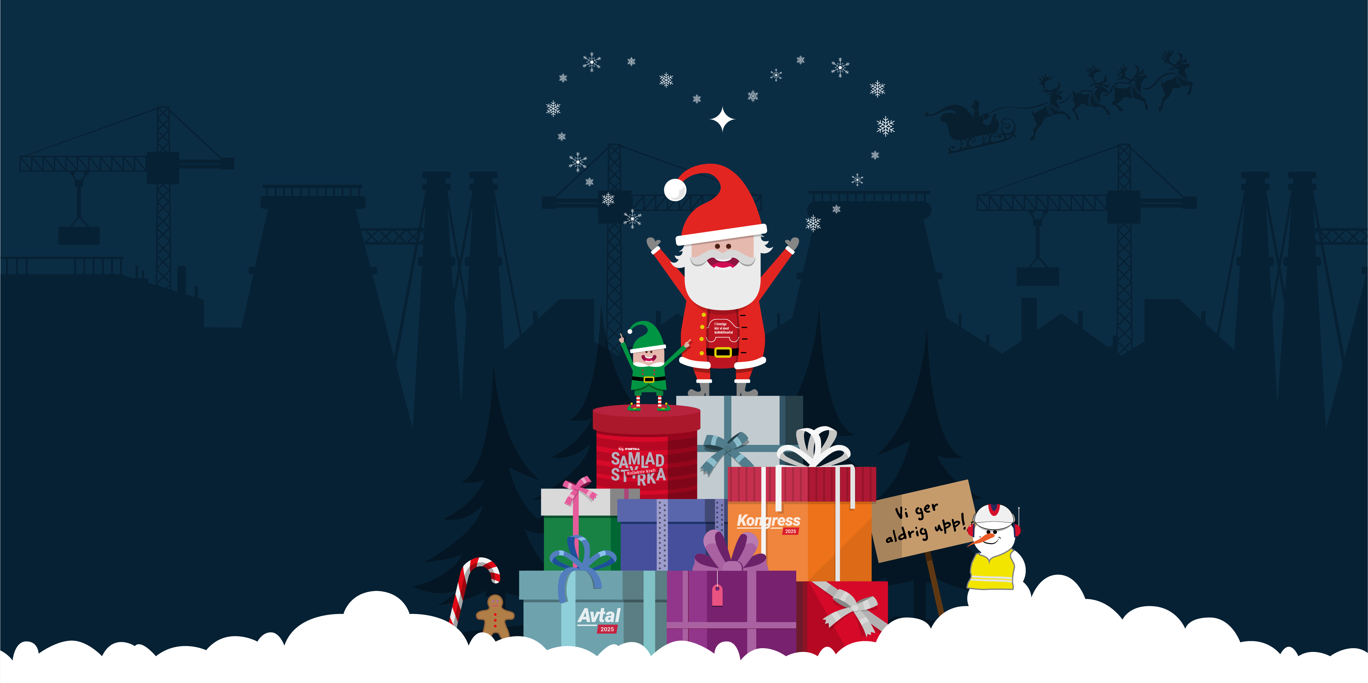 En illustration av en tomte och en tomtenisse som står på en massa julklappar. 