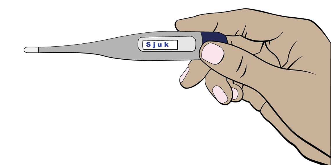 Illustration av en febertermometer med texten sjuk på