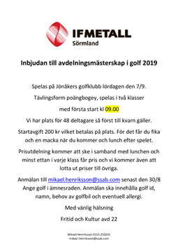 Inbjudan avdelningsmästerskap i golf 2019